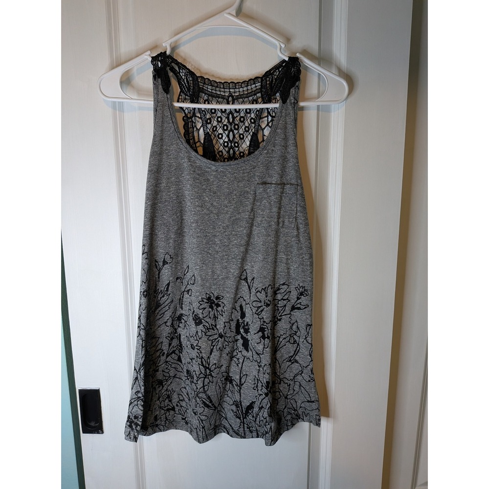 Papaya Grey Heather Floral Print Crochet Lace Racerback Tank Top Womens Small